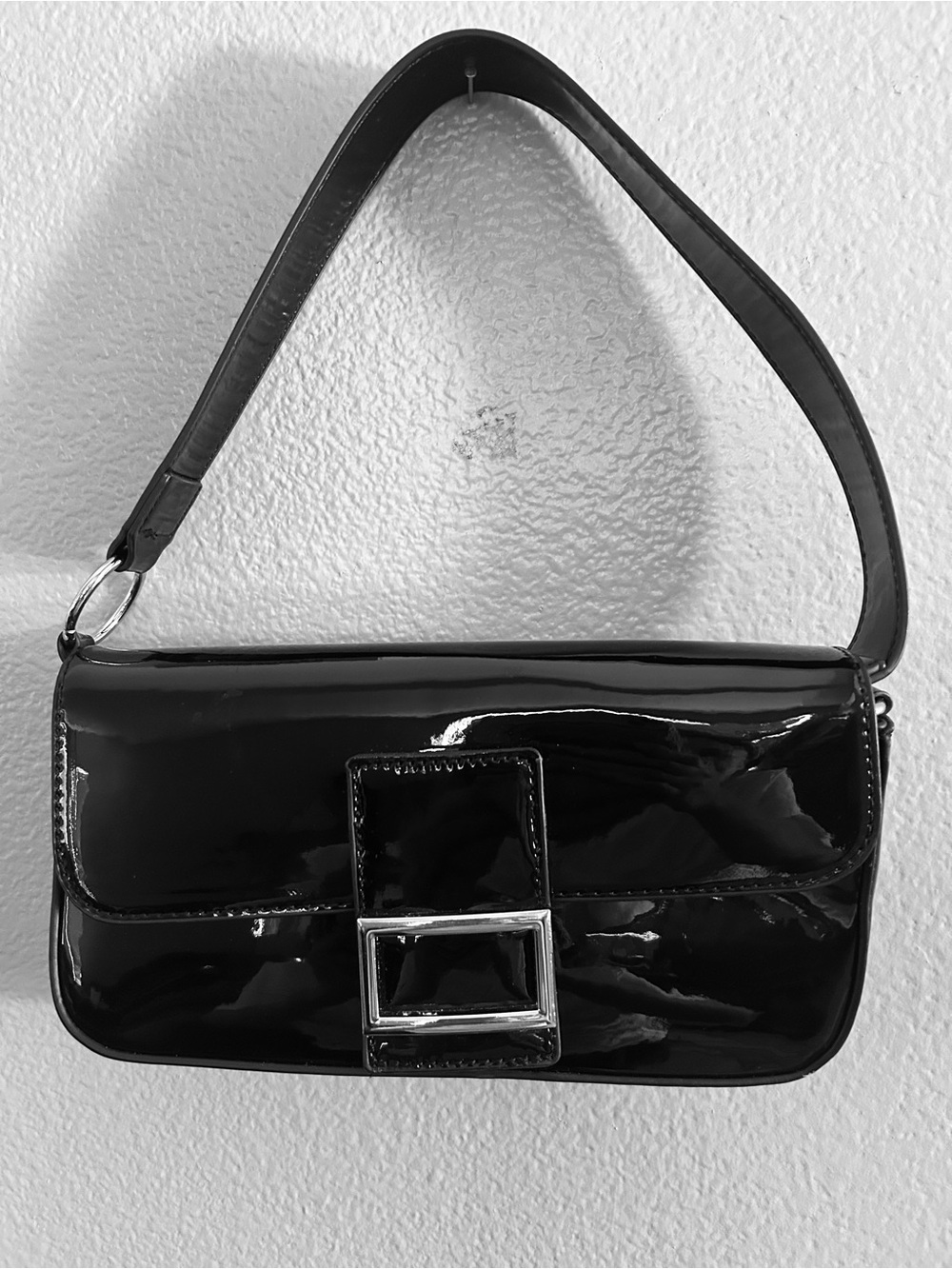Patent Black Shoulder Bag with Buckle Accent